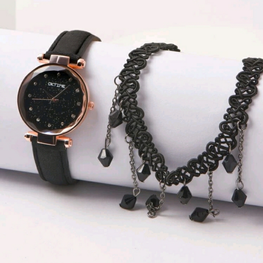 New Starry Sky Dial Round Pointer Quartz Watch and Necklace Set - Picture 5 of 7